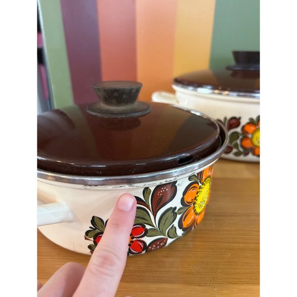 70s flower power enamel pot with handles set of 3 lidded brown - Picture 5 of 10